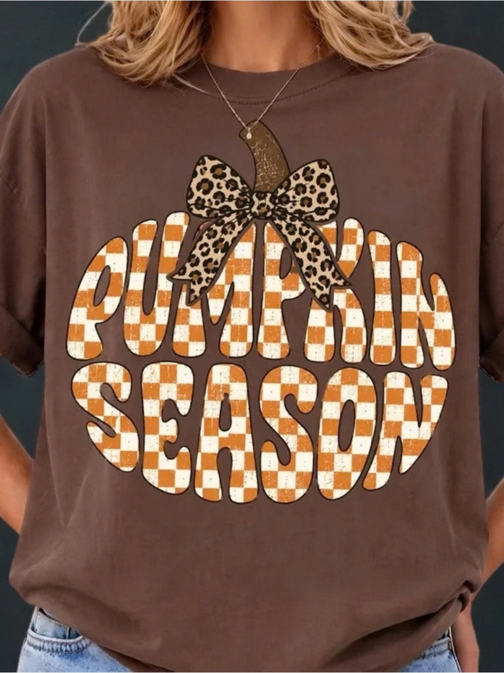 Gildan Brown Tee with Orange-and-White Checkered Pumpkin Graphic